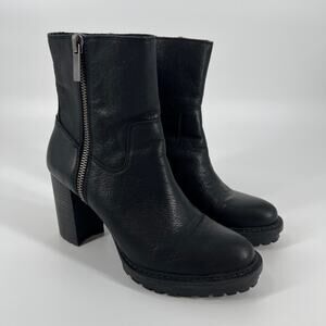 Lucky Brand Bajax Boot Womens 9.5 M Black Leather Lug Sole Chunky Platform Heel